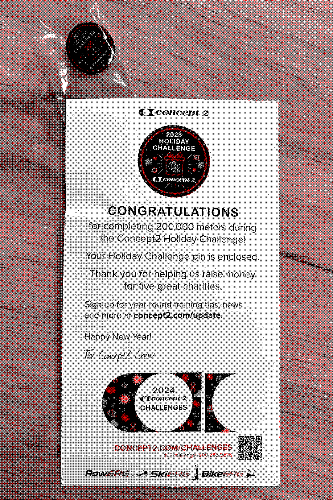 Pin provided by Concept2 for completing the Holiday Challenge in\n2023